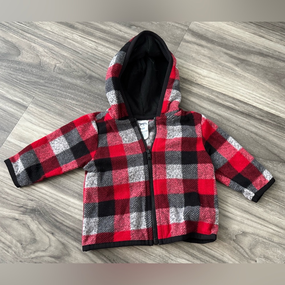 Red Black Gray Baby Buffalo Plaid Zip Hooded Fleece